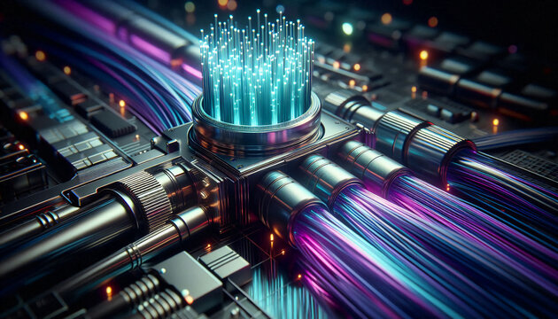 Glowing neon fiber optic cables connecting to a futuristic data core.