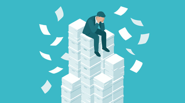 Overwhelmed businessman on paper stack, concept of stress and workload