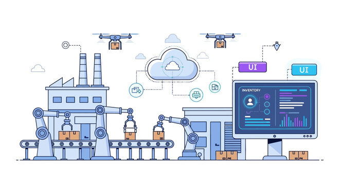 Illustration of a factory automation system with robotic arms, drones, and a computer monitoring screen in a blue and orange color scheme on a white background.