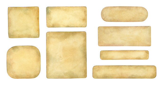 Watercolor vintage paper set. Hand drawn parchment labels and blank banners isolated on white background. Old grunge paper frames for wedding invitations, scrapbooking, greeting cards, restaurant menu