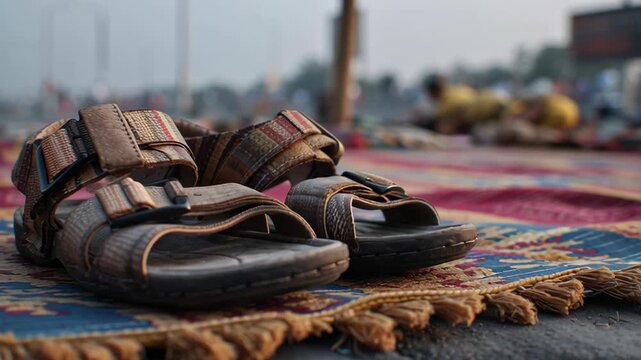 Traditional leather sandals placed on a patterned mat during a pilgrimage.