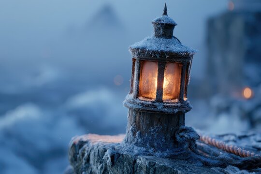 Close-up of a vintage frosted lantern glowing warmly on a snow-covered cliff edge in winter