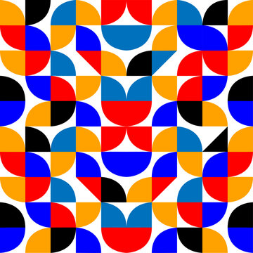 Patr&oacute;n geom&eacute;trico abstracto con formas curvas y colores primarios en composici&oacute;n moderna minimalista
