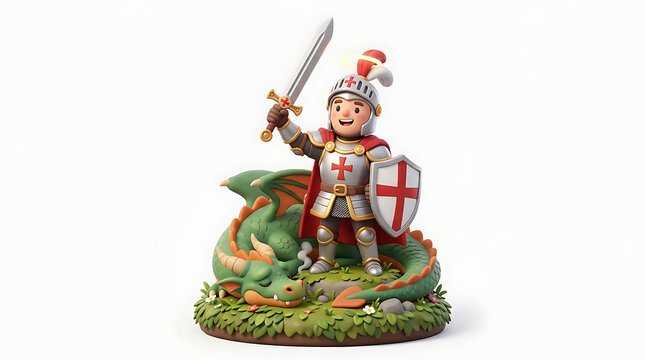 Stylized figurine of a triumphant knight with sword and shield standing over a subdued green dragon on a grassy base.