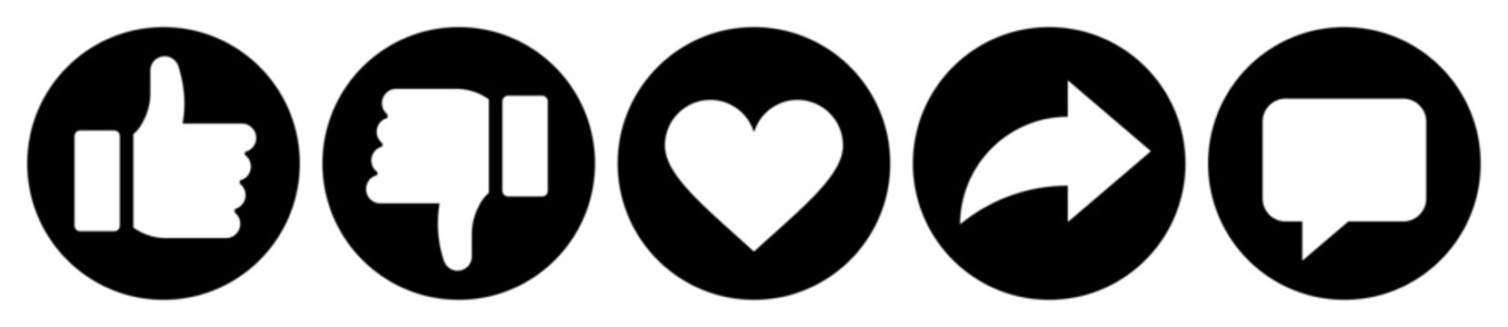Like, dislike, love, share abd comment icon in black circle. Thumbs up, down, heart, send arrow and chat bubble symbol.