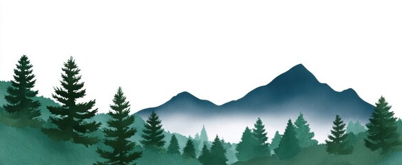 Fototapeta premium Serene watercolor panoramic landscape evokes tranquility with mountains and forest as your design template.