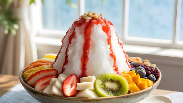 korean bingsu shaved ice dessert with fruits, condensed milk drizzle, colorful toppings, bright summer lighting