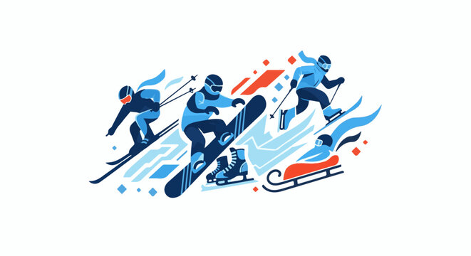 Stylized winter athletes ski, snowboard, and sled down abstract slopes