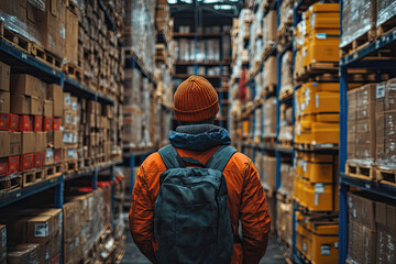 Obraz premium Warehouse Employee Walking Through Aisles Checking Inventory List