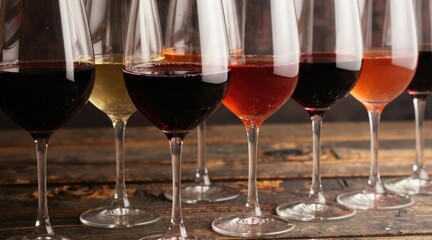 Obraz premium Collection of wine glasses with red, white, and rose wines. Set of alcoholic beverages on a wooden table background. Variety of drinks for tasting and celebration.