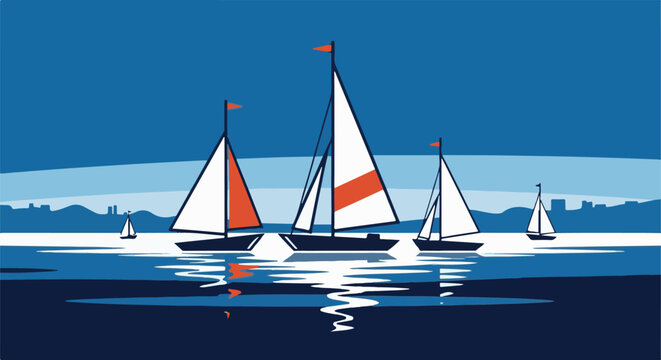 Stylized sailboats with orange accents sail on calm blue water at sunset