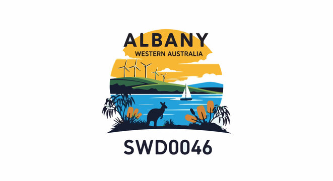 Stylized scene of a kangaroo, sailboat, wind turbines, and flora under a sunset