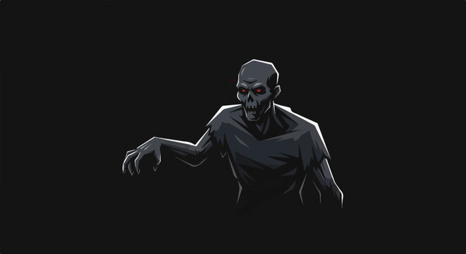Stylized zombie with glowing red eyes and ragged clothing on black background