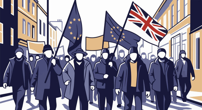Stylized illustration of a protest march with flags and signs