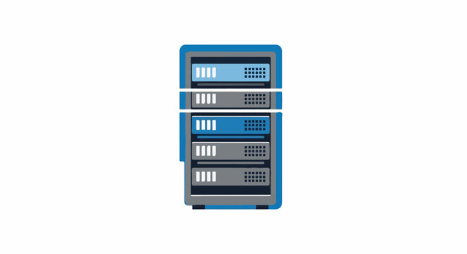 Stylized illustration of a server rack with multiple blue and grey modules