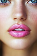 Fototapeta premium Close-Up of Stunning Blue-Eyed Woman with Smooth Pink Lips and Flawless Makeup, Glamorous Look