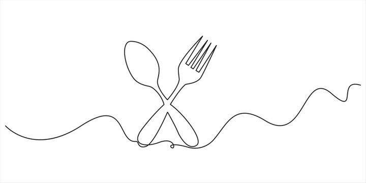 Continuous line art of empty plate with fork and knife on white background. None editable stroke Continuous line art or One Line Drawing of plate, khife and fork. linear style and Hand drawn. one line
