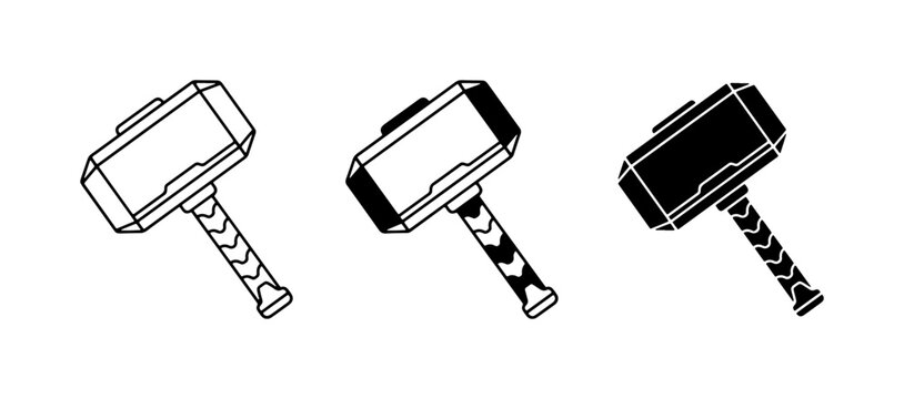 Hammer Icons, Mjolnir Vector Graphics, Norse Mythology Symbols, Fantasy Weapon Illustrations, Black and White Design Elements