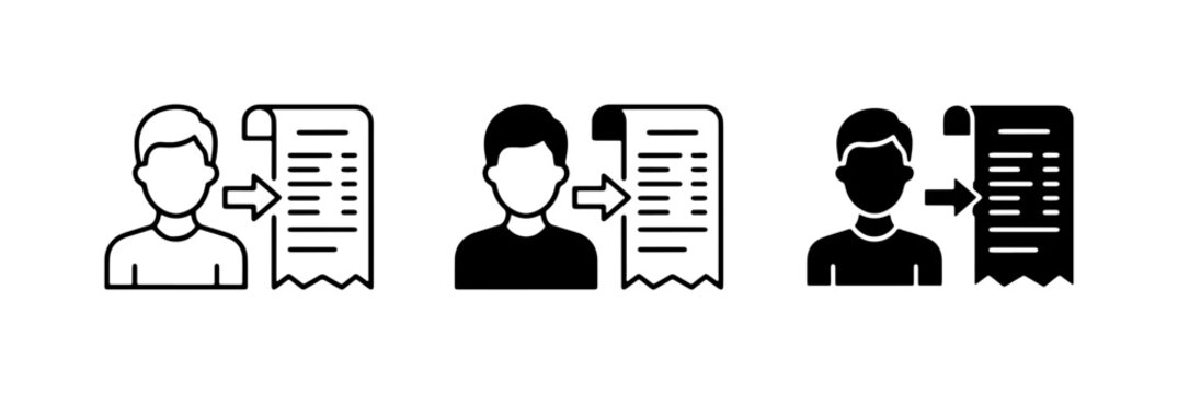 Customer Receipt Icons, User Bill Transaction Symbols, Person Financial Document Graphics