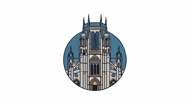 Stylized illustration of a gothic cathedral facade inside a blue circle