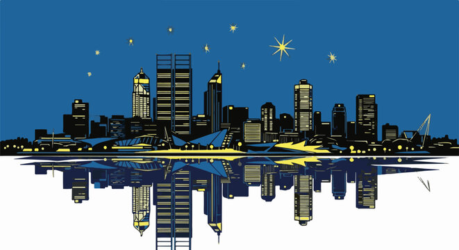 Stylized night cityscape with reflections and starry sky