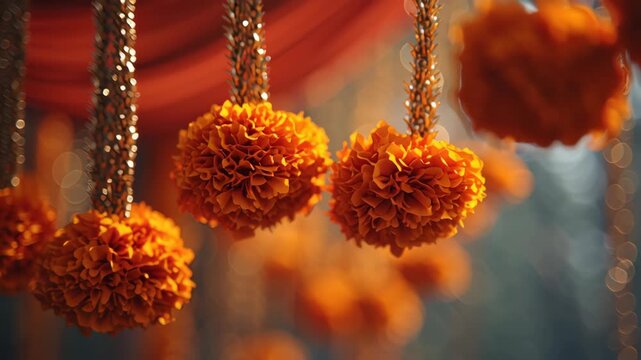Orange Marigold Garlands Hanging During Traditional Indian Festival Celebration