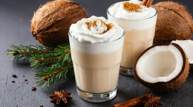 Two creamy coquito drinks topped with whipped cream and cinnamon sit next to coconuts and pine branches. Refreshing tropical beverage for winter celebrations.