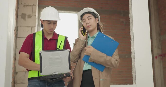 Female Project Coordinator Calls Supplier About Material Delay with Site Engineer