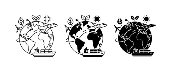 Global Logistics Icons, Eco-Friendly Shipping & Air Travel, Sustainable Transport Concepts, Earth Planet & Cargo Ship, Airplane & Green Leaves, Business & Industry Icons © Murad