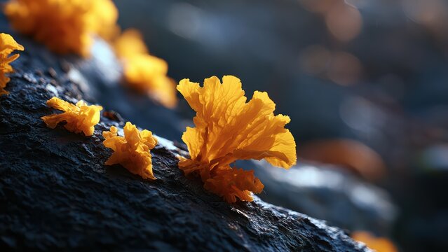 Intricate natural beauty bright orange fungi contrast with dark bark, bathed in soft ambient light