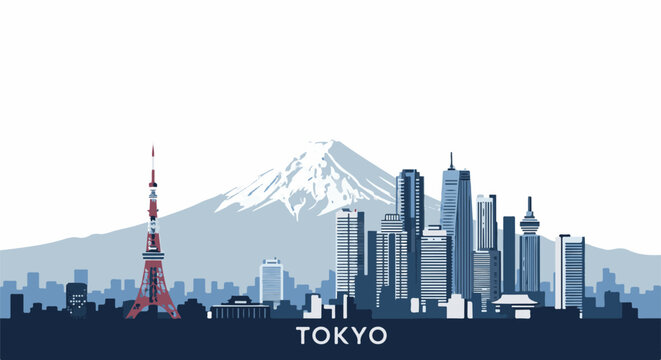 Stylized Tokyo cityscape with iconic tower and snow-capped mountain