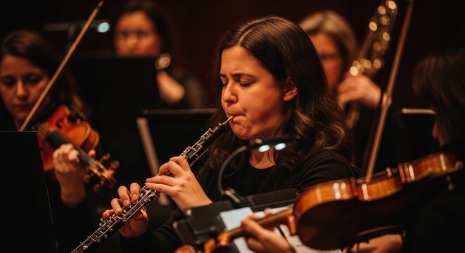 Woman playing oboe in orchestra, surrounded by musicians and musical instruments during a classical concert performance.