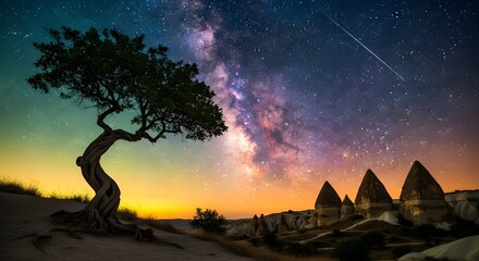 Obraz premium A stunning landscape of a tree on a hill with fairy chimneys under a starry night sky with the milky way visible in the distance at sunset