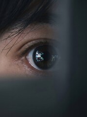 Naklejka premium Extreme macro of human eye reflecting digital screens for cybersecurity privacy and digital addiction concept