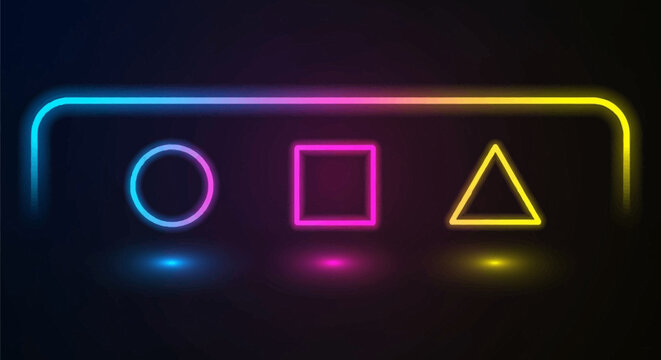 Neon geometric shapes: circle, square, triangle on black background