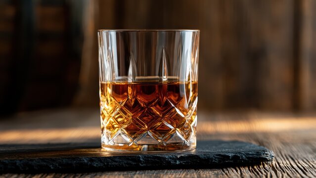 Elegant amber whiskey in a sparkling cut glass, illuminated on a dark slate coaster and aged wood.