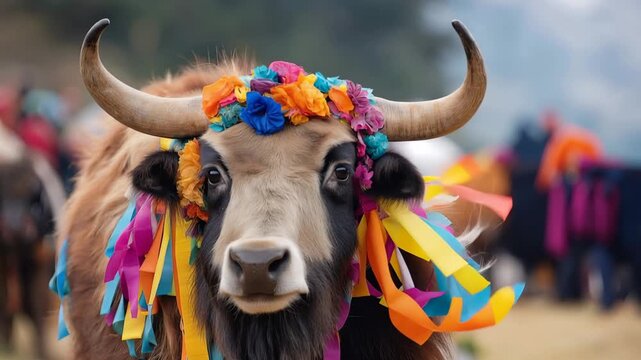 Close up of a domestic yak adorned with vibrant floral decorations and colorful ribbons for a festival, looking directly into the camera with a calm expression in a mountain setting