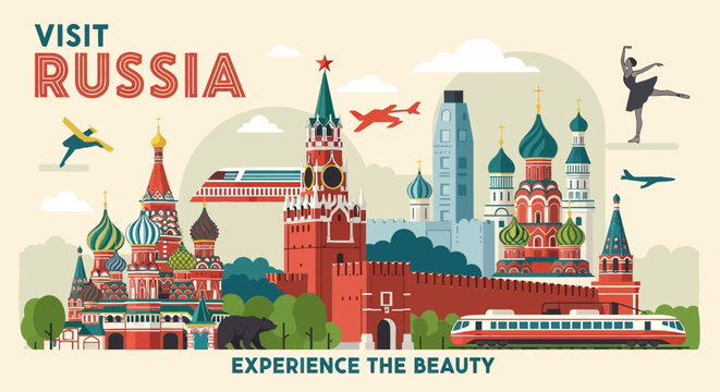 Visit Russia Illustration: Kremlin, Ballet Dancer, Bear, Train, Plane