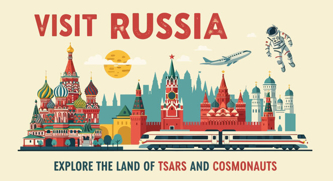 Visit Russia Travel Poster: Kremlin, Train, Cosmonaut