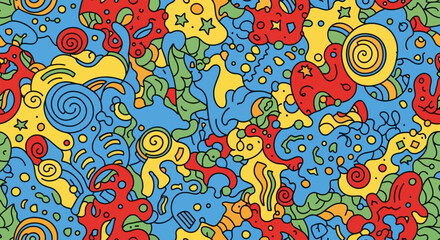 Naklejka premium Vibrant Abstract Pattern - Organic Shapes and Swirls, Playful Doodle Art