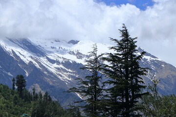 Obraz premium Beautiful landscapes of Harsil Valley with rivers mountains and deodar forests. Scenic Himalayan views of Harsil Valley featuring rivers, waterfalls, snow-covered mountains, and dense deodar forests. 