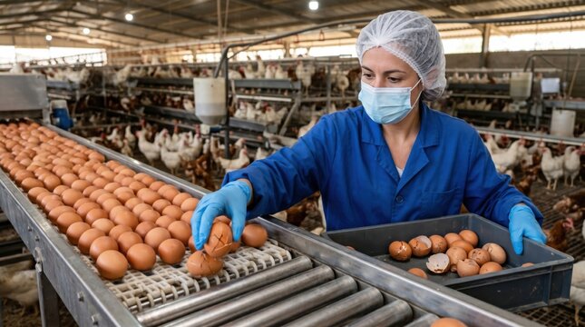 Worker removes cracked egg from grading conveyor while hens stay visible behind, showing authentic poultry production, active quality control and food safety workflow.