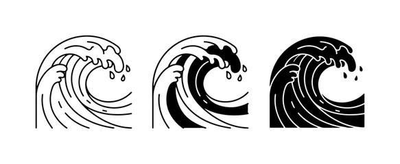 Fototapeta premium Stylized Ocean Waves, Set of Three Iconic Marine Designs, Black and White Vector Graphics for Coastal Themes