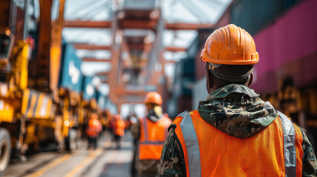 Industrial worker in safety helmet at cargo port with shipping containers and crane logistics and global trade concept
