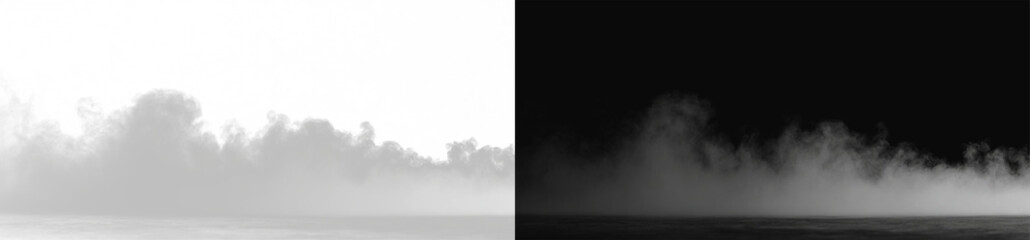 Obraz premium Realistic white fog and mist set, atmospheric smoke clouds and hazy steam texture on contrast backgrounds