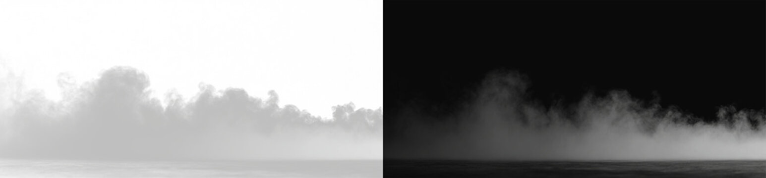 Realistic white fog and mist set, atmospheric smoke clouds and hazy steam texture on contrast backgrounds