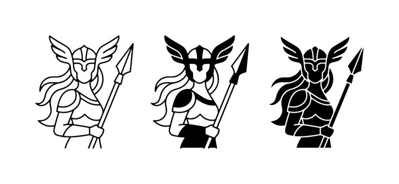 Valkyrie Warrior Icons, Norse Mythology Female Fighter Vector Set, Winged Helmet Spear Emblem, Black and White Graphic Collection