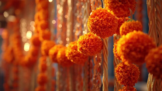 Orange Marigold Flower Garlands Decoration for Indian Religious Festival