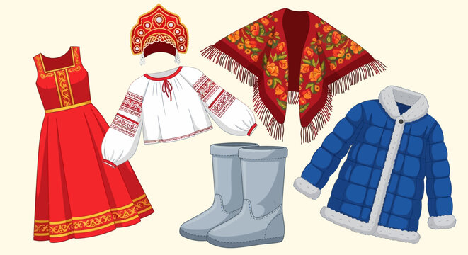 Russian Folk Clothing Set: Traditional Dresses, Coats, and Boots