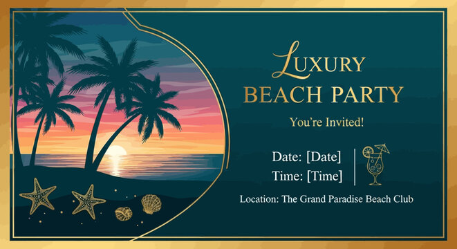 Luxury Beach Party Invitation with Palm Trees and Sunset